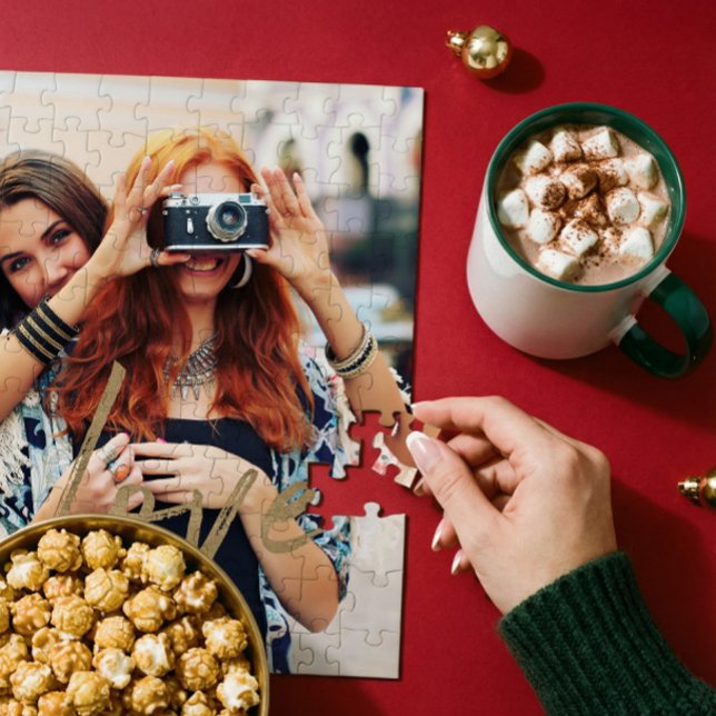 Guld Kärlek Borste Skrift Overlay Par Foto Minne Pussel (Gold Love Brush Script Overlay Couple Photo Memory Jigsaw Puzzle)