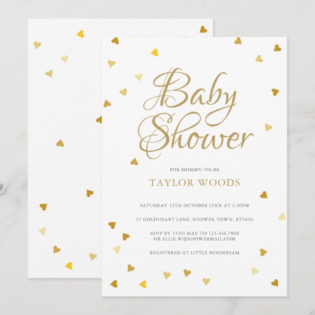 Guld Kärlek Hearts Confetti Baby Shower / Sprinkle Inbjudningar (Fram/baksida)