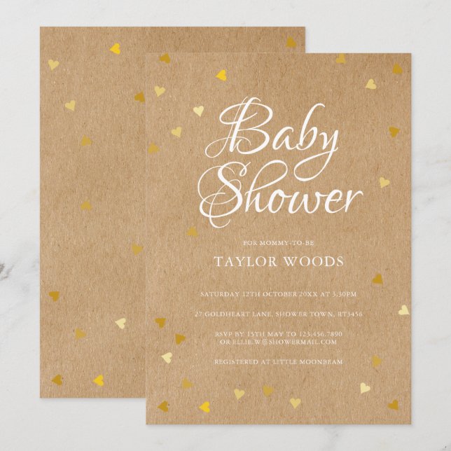 Guld Kärlek Hjärtor Baby Shower Rustik Kraft Boho Inbjudningar (Fram/baksida)