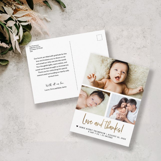 Guld Kärlek och tack Baby Photo Birth Notice Vykort (Love and thanks gold script baby photo postcard thank you card.)