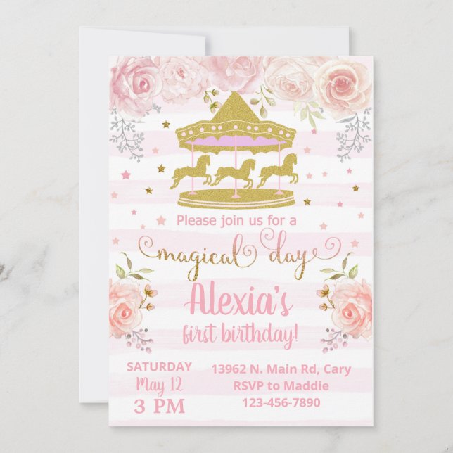 Guld karousel merrygoround födelsedagsinbjudan. inbjudningar (Framsida)