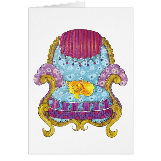 Guld- katt i stol hälsningskort (Framsidan)