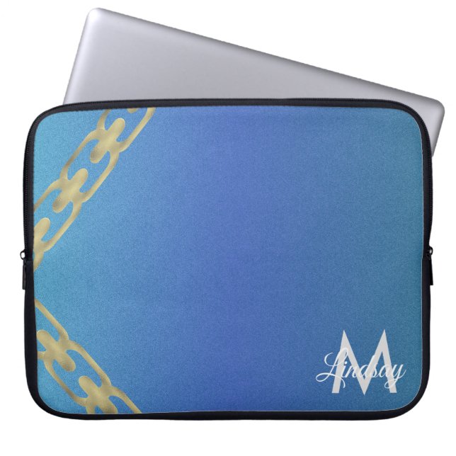 Guld kedja glitter blå monogram Laptop fodral (Framsidan)