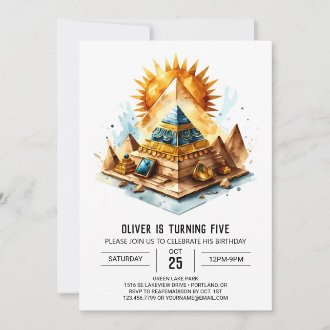 Guld Kids Ancient Egypten Pyramids Birthday Inbjudningar (Framsida)