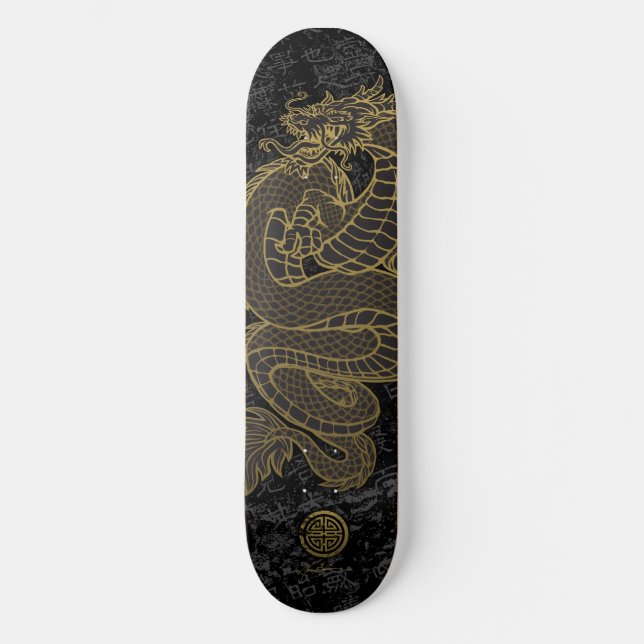 Guld- kinesisk drake på svart skateboard bräda 19,5 cm (Framsida)