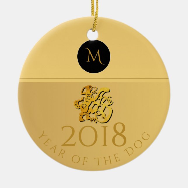Guld kinesisk Hund Papercut 2018 Monogram R Orname Julgransprydnad Keramik (Framsidan)