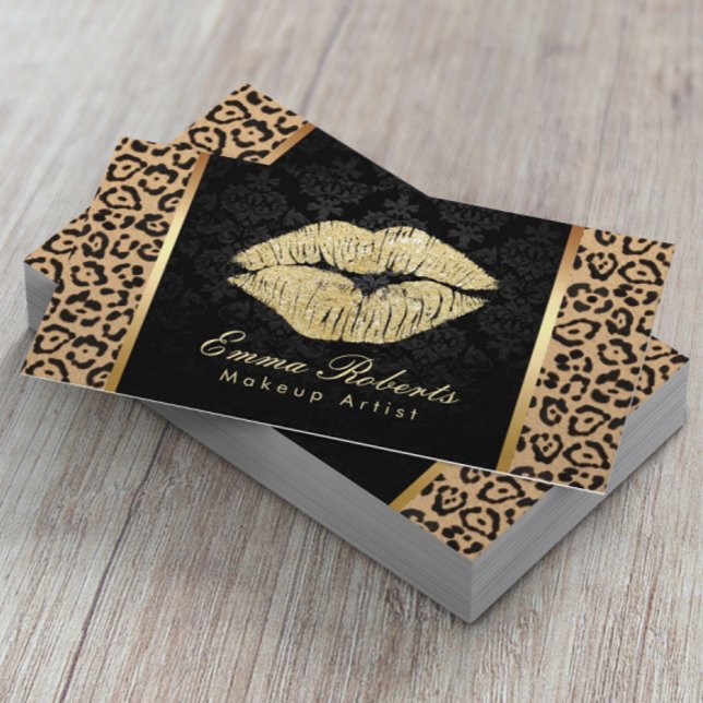 Guld Kiss Leopard Print Damask Makeup Artist Visitkort (Skapare uppladdad)