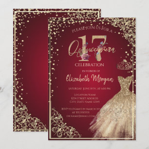 Guld Klänning Diamanter Blommig Röd Quinceañera Inbjudningar