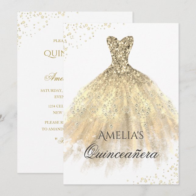 Guld Klänning Glitter Quinceanera Inbjudan (Fram/baksida)