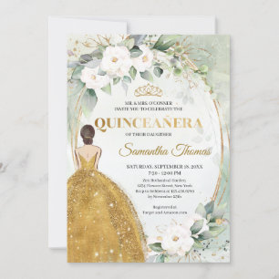 Guld klänning guld tiara krona vit ros greenery inbjudningar