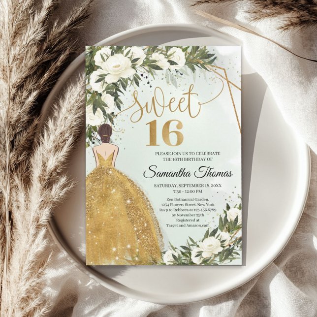 Guld klänning vit ros greenery olivfolie inbjudningar (Gold dress white roses greenery olive foliage invitation)