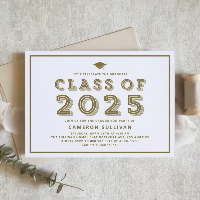 Guld-klass 2025 Cap Retro Studenten Inbjudningar (Customizable graduation invitation featuring retro typography. Available in other colors.)