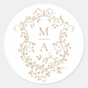 Guld Klassisk Blommig Vapen Monogram Runt Klistermärke