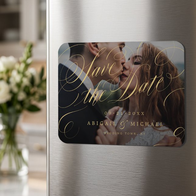 Guld klassisk kalligrafi foto spara datum magnet (Gold classic calligraphy photo save the date magnet)