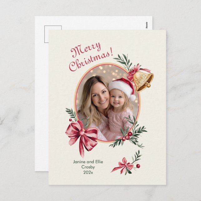 Guld Klockor Rosa Bows Photo jul Helg Vykort (Fram/baksida)