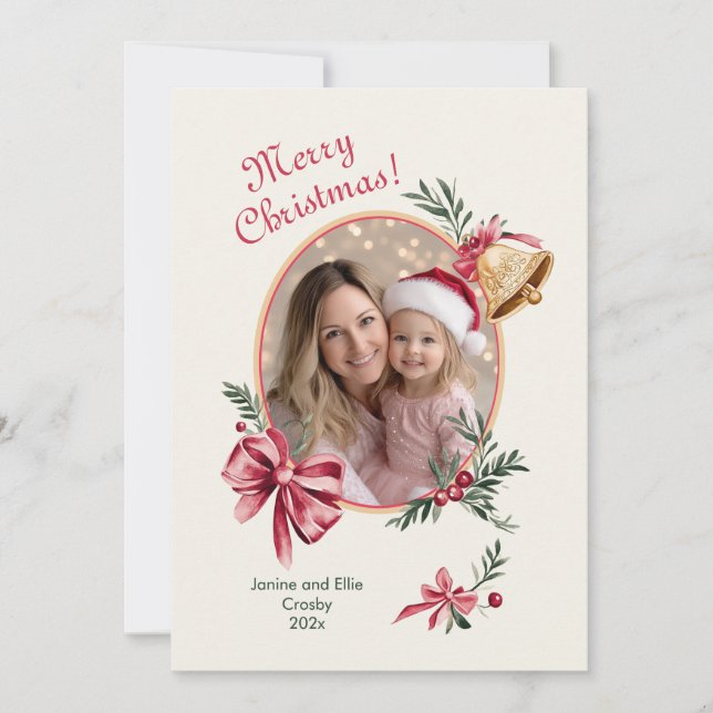 Guld Klockor Rosa Bows Photo jul Julkort (Framsida)