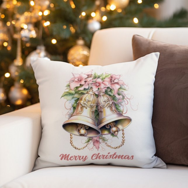 Guld Klockor  Rosa Flowers Kudde ("Merry Christmas" bells and pink flowers decorator pillow)