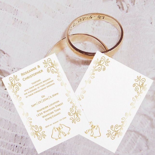 Guld Klockor Scrollwork Design Bröllop Inbjudningar (Gold bells scrollwork wedding invite)