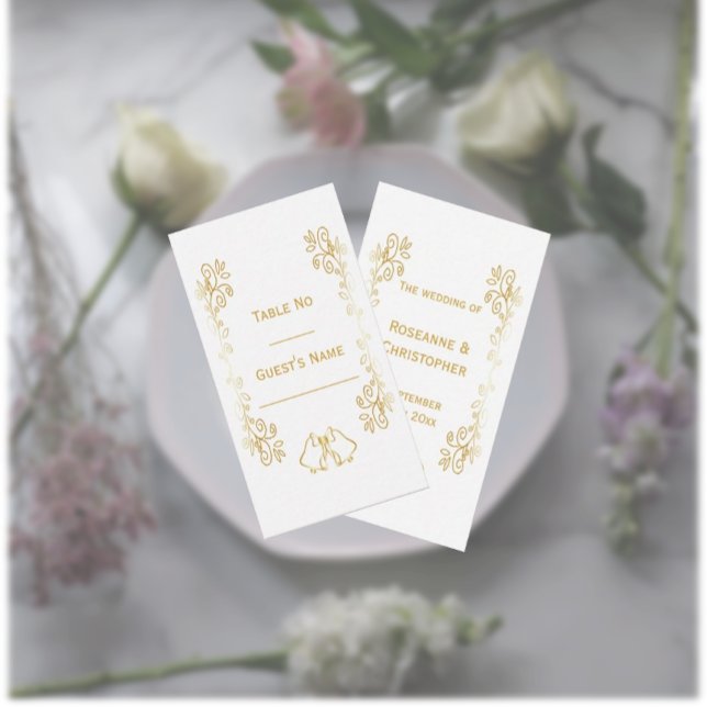 Guld Klockor Scrollwork Design Bröllop Placeringskort (Gold wedding place setting card bells and scrollwork design)