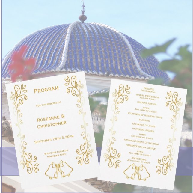 Guld Klockor Scrollwork Design Bröllop Program (Gold bells scrollwork wedding church program)