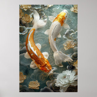 Guld Koi Fisk Poster Konsttryck Väggkonst