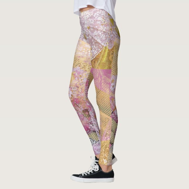 Guld- Koi för rosa silke flöda Leggings (Vänster)
