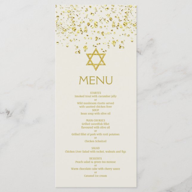 Guld konetti, David Bat mitzvah Menu-kort, stjärna Meny (Framsida)