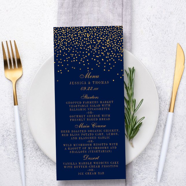 Guld-konfetti Bröllop-meny för marinblått och glam Meny (Skapare uppladdad)