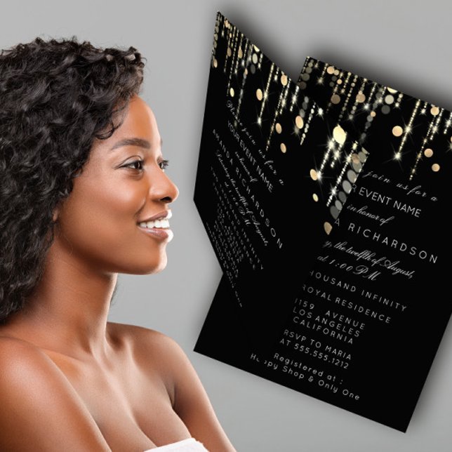 Guld Konfetti Dropp Födelsedag Bröllop Svart Vitt  Inbjudningar (Gold Confetti Drip Birthday Bridal Black White Invitation)