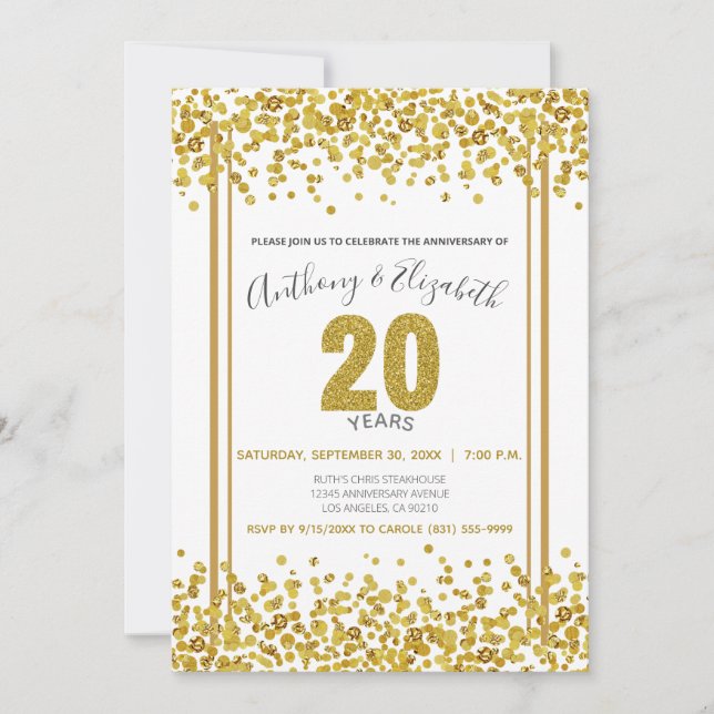 Guld Konfetti Glitter-Style 20-årsjubileum Party Inbjudningar (Framsida)