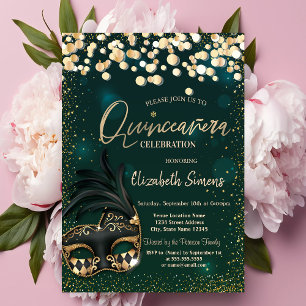 Guld Konfetti Mask Grön Quinceañera Inbjudningar