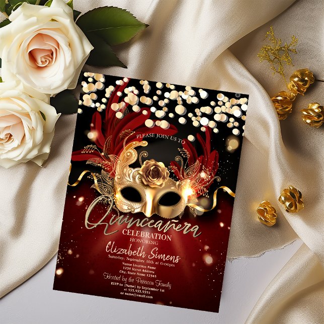 Guld Konfetti Mask Ros Quinceañera  Inbjudningar (Skapare uppladdad)