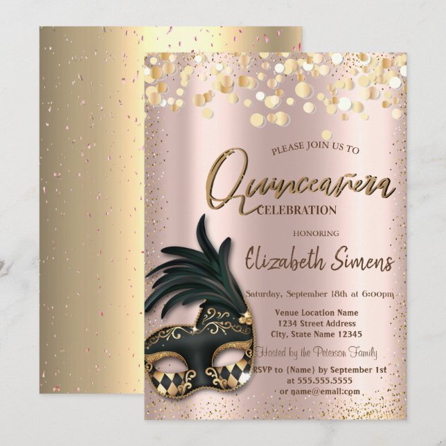Guld Konfetti Mask Roséguld Quinceañera Inbjudningar (Fram/baksida)
