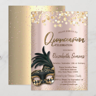Guld Konfetti Mask Roséguld Quinceañera Inbjudningar