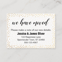 Guld-konfetti och skript som vi har Flyttat ett be Visitkort