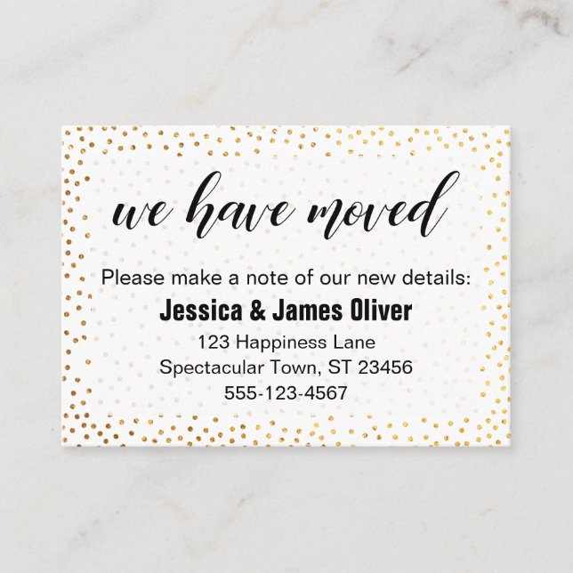 Guld-konfetti och skript som vi har Flyttat ett be Visitkort (Framsida)