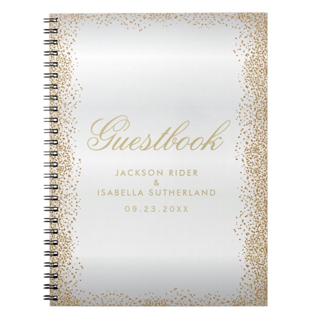 Guld Konfetti och vit satatin - Guestbook Anteckningsbok (Framsidan)