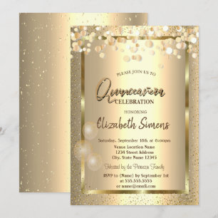 Guld Konfetti Prickar Ram Ballonger Quinceañera Inbjudningar