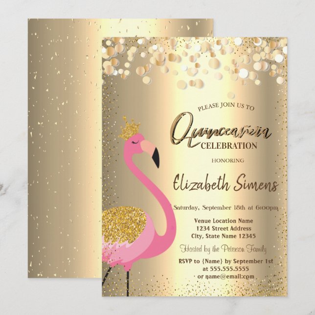 Guld Konfetti Prickar, Rosa Flamingo Quinceañera Inbjudningar (Fram/baksida)