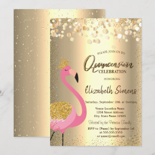 Guld Konfetti Prickar, Rosa Flamingo Quinceañera Inbjudningar