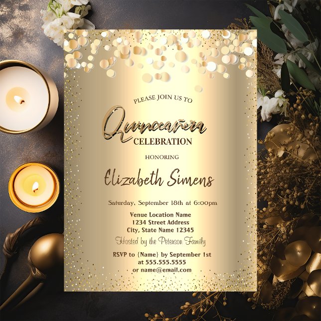 Guld Konfetti Prinsessa Guld Quinceañera Inbjudningar (Skapare uppladdad)