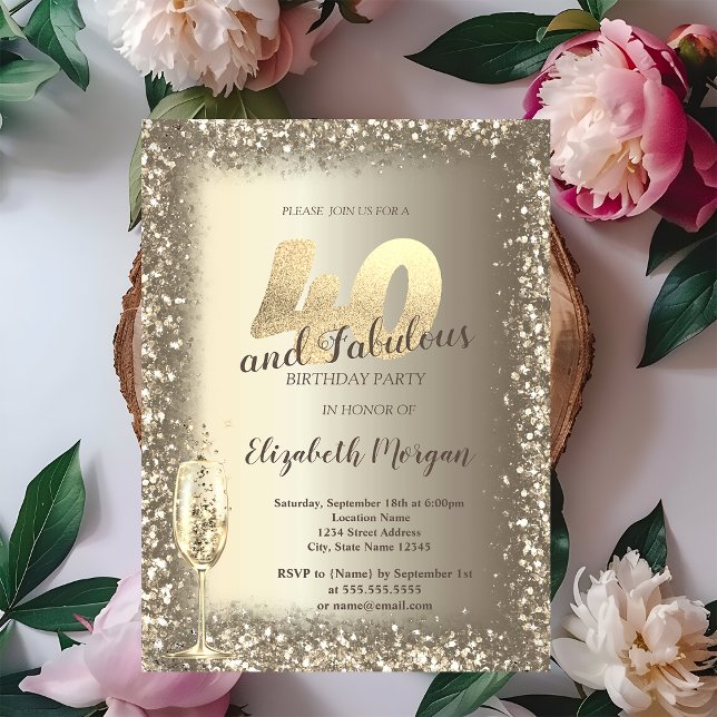 Guld Konfetti Ram, 40:e, av glas av lyxchampagne Inbjudningar (Skapare uppladdad)