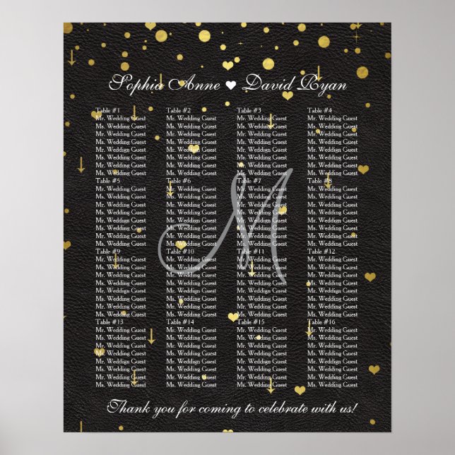 Guld Konfetti Svart Läder Bröllopsställningsschema Poster (Framsidan)
