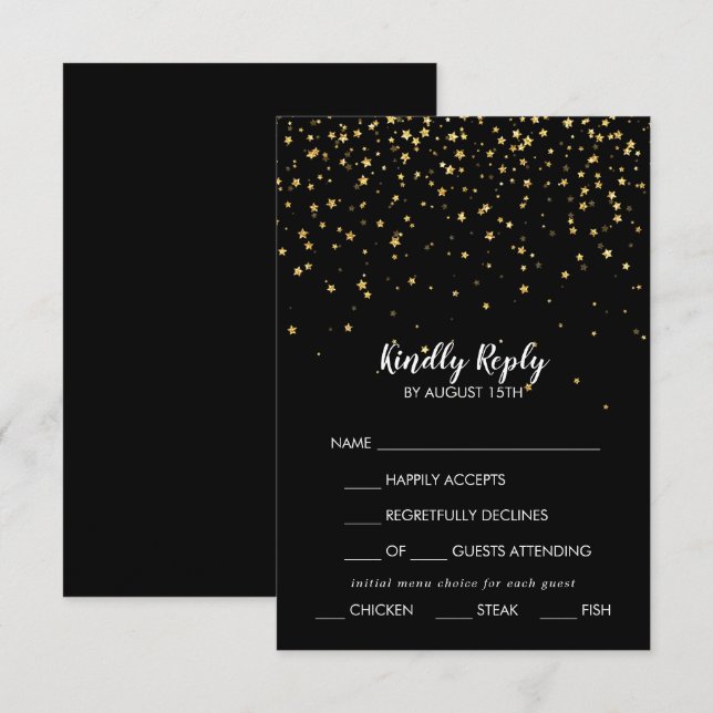 Guld Konfetti | Svart Meny Val Bröllop RSVP  (Fram/baksida)