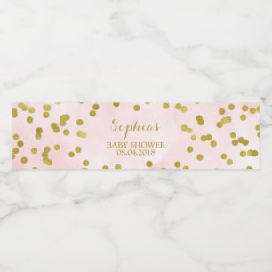 Guld- konfettibaby shower för rosa vattenfärg vattenflaskor etikett