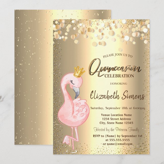 Guld Konfettiprickar, Rosa Flamingo Krona Quinceañ Inbjudningar (Fram/baksida)