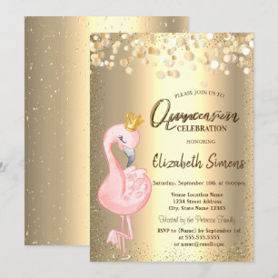 Guld Konfettiprickar, Rosa Flamingo Krona Quinceañ Inbjudningar