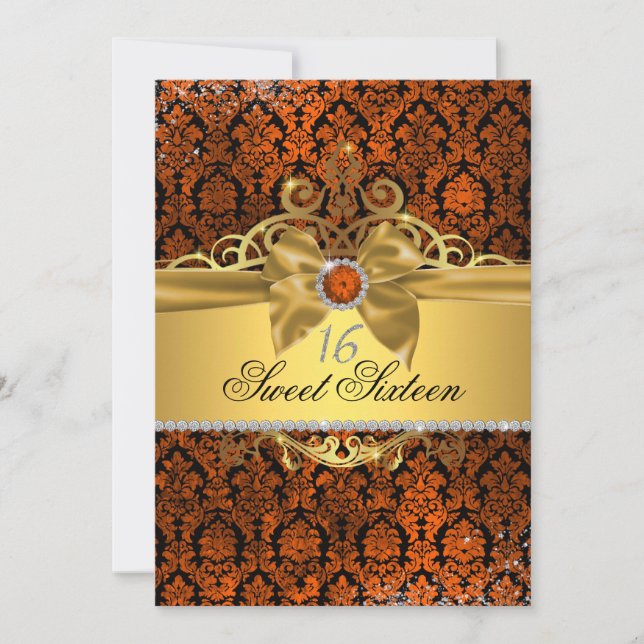 Guld koppar Damask Sweet sixteen Inbjudan (Framsida)