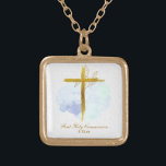 *~ Guld Kor AP35 Communion Christian Blue Guldpläterat Halsband<br><div class="desc">(sök-ID AP35 och AP40 för liknande utformningar )) ENKEL MINIMAL Design. BLUE vattenfärg och GULD BOTANICAL löv på kor / crucifix/ SQUARE SHAPE Bakgrunden är WHITE med en lätt vattenfärgsfärg på BLUE. Textteckensnittet är finare, elegant och sofistikerat kalligrafiskript. Utformningen är mycket enkel och minimal. Religiösa katolsk kristen välsignad Kor-design med...</div>