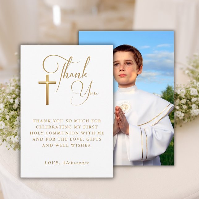 Guld Kor Calligraphy First Communion Photo Tack Kort (Skapare uppladdad)